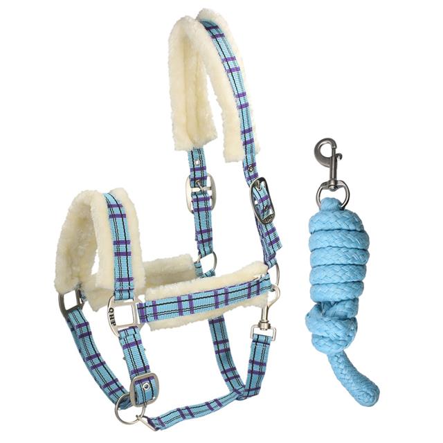 Halter and Lead Rope with Fur QHP Check Blue