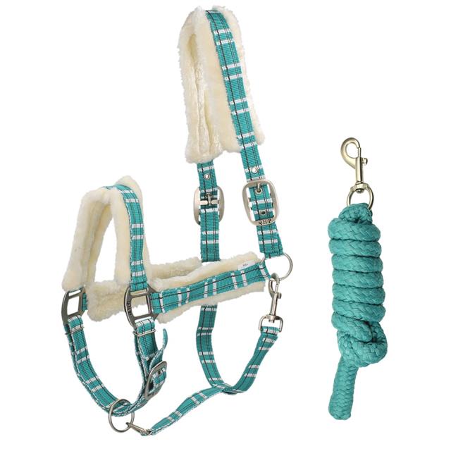 Halter and Lead Rope with Fur QHP Check Turquoise